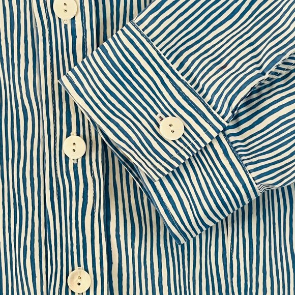 Chicos Button Up Shirt Cotton Blend Womens Sz 1 Blue Coastal Preppy Stripe Chic - Picture 4 of 9
